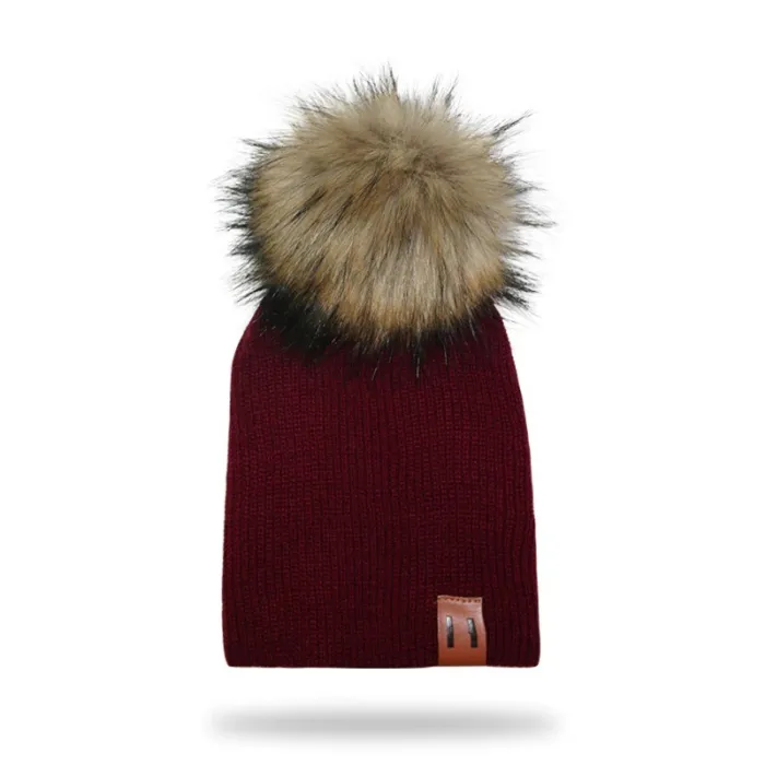 Stickad mössa med pom pom / läder etikett - unisex - för barn / vuxna