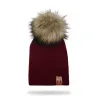 Knitted beanie with pom pom / leather label - unisex - for kids / adults