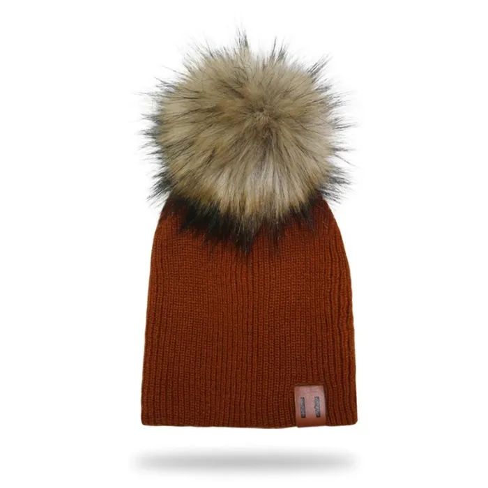 Berretto lavorato a maglia con pom pom / etichetta in pelle - unisex - per bambini / adulti