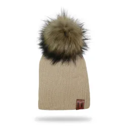 Berretto lavorato a maglia con pom pom / etichetta in pelle - unisex - per bambini / adulti