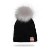 Knitted beanie with pom pom / leather label - unisex - for kids / adults
