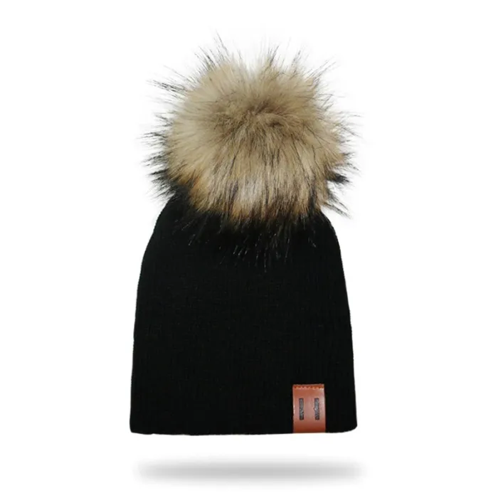 Berretto lavorato a maglia con pom pom / etichetta in pelle - unisex - per bambini / adulti