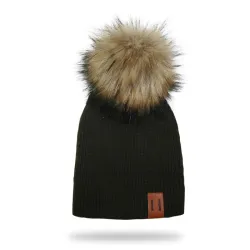 Berretto lavorato a maglia con pom pom / etichetta in pelle - unisex - per bambini / adulti