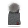 Gebreide muts met pompon / leren label - unisex - voor kinderen / volwassenenPetjes & mutsjes