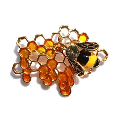 Abeille et nid d'abeille - or - cristal - broche