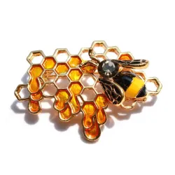 Abeille et nid d'abeille - or - cristal - broche