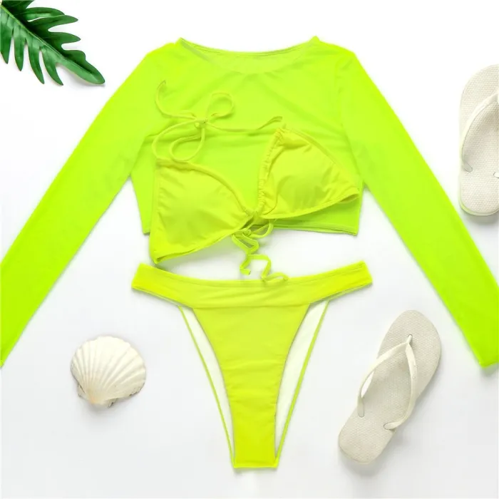 Sexy komplet bikini - top z długim rękawem - wysoki / niski stan - 3 sztukiStroje Kąpielowe