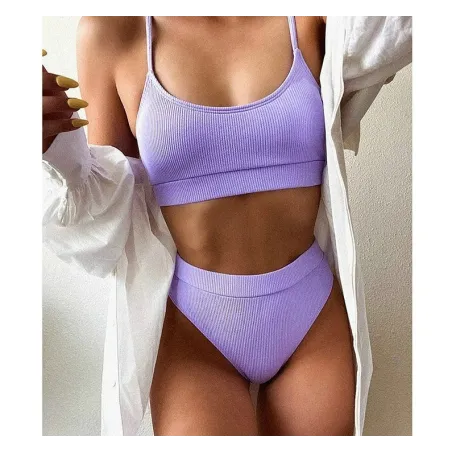 Baño y ropaConjunto de bikini de canalé sexy - cintura alta