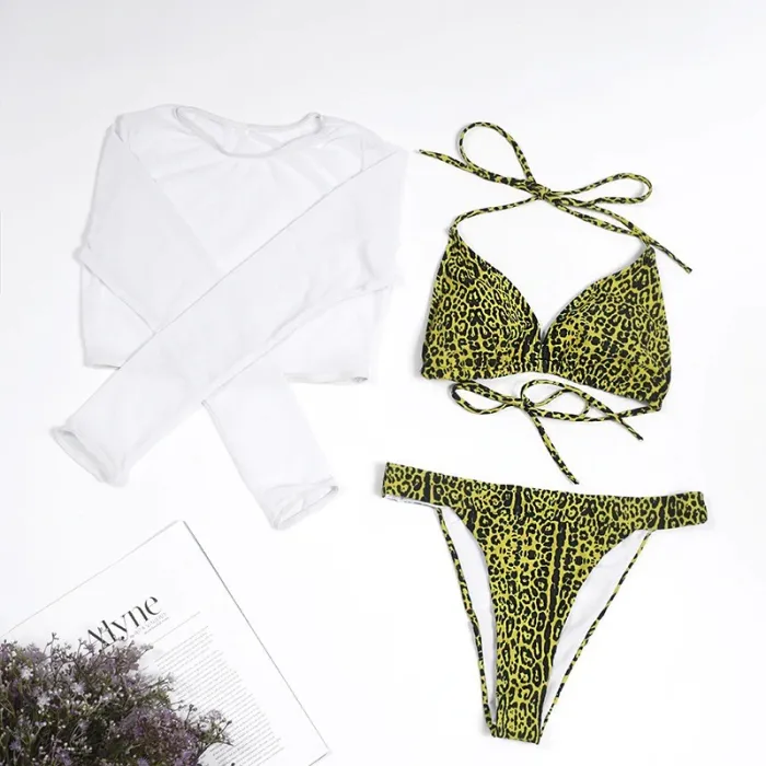Sexy bikiniset - top met lange mouwen - hoge / lage taille - 3 stuksBadkleding