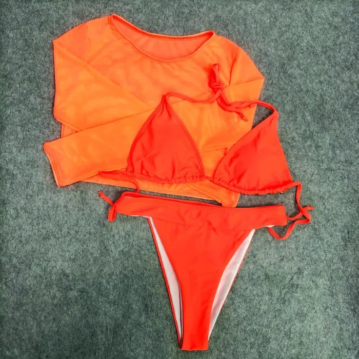 Sexy komplet bikini - top z długim rękawem - wysoki / niski stan - 3 sztukiStroje Kąpielowe