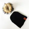 Bonnet tricoté avec pompon / étiquette en cuir - unisexe - pour enfants / adultes