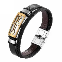 Vintage kruis armband - roestvrij staal / leer - met metalen sluitingArmbanden