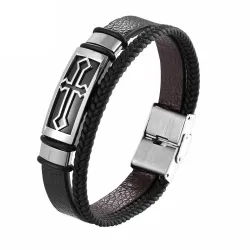 Vintage kruis armband - roestvrij staal / leer - met metalen sluitingArmbanden