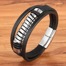 Mehrschichtiges Lederarmband - Kreuzdesign - mit Schließe - Edelstahl