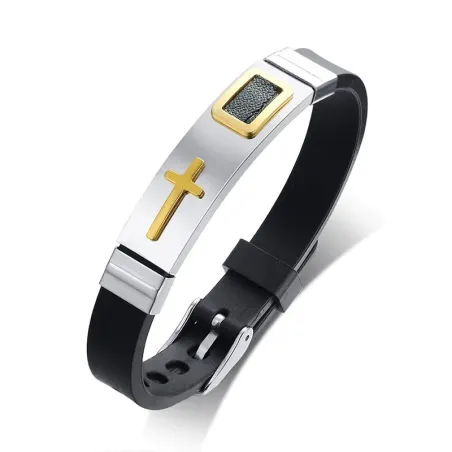 Fashionable cross bracelet - stainless steel - silicone strap - adjustable