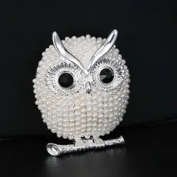 Crystal brooch with pearl owl