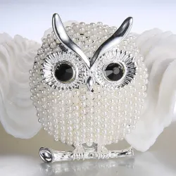 Crystal brooch with pearl owl