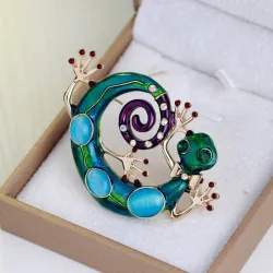 Large blue enamel gecko - crystal brooch