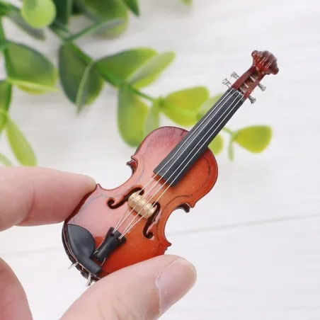Mini wooden violin - musical instrument - miniature decoration - with stand / case