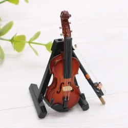 Mini skrzypce drewniane - instrument muzyczny - miniaturowa dekoracja - ze stojakiem / futerałemDekoracje