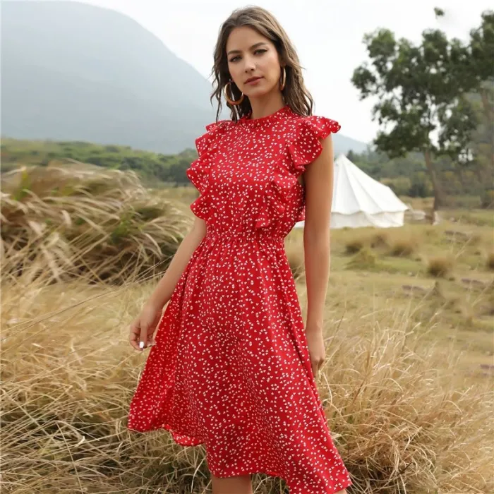 Zomerjurk met stippen - met ruches mouwen - midi - chiffonJurken
