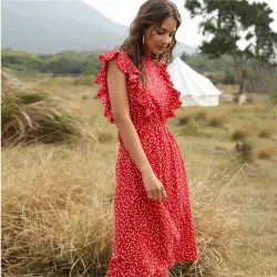 Zomerjurk met stippen - met ruches mouwen - midi - chiffonJurken