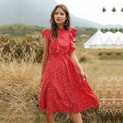 Zomerjurk met stippen - met ruches mouwen - midi - chiffonJurken