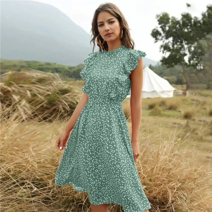 Gepunktetes Sommerkleid - mit Rüschenärmeln - Midi - Chiffon