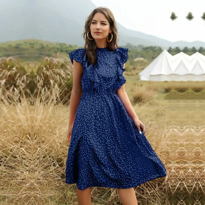 Summer dotted dress - with ruffles sleeves - midi - chiffon