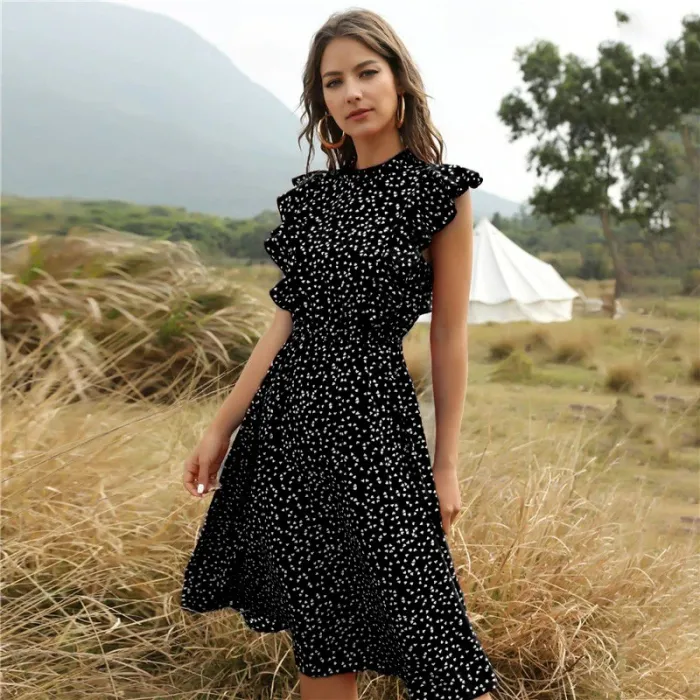 Gepunktetes Sommerkleid - mit Rüschenärmeln - Midi - Chiffon