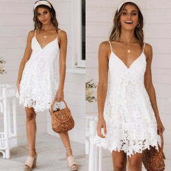 Seksowna biała mini sukienka - koronkowa - bez rękawów / długi rękawSukienki