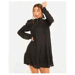 Elegant loose mini dress - puff sleeves - turtle neck with ruffles