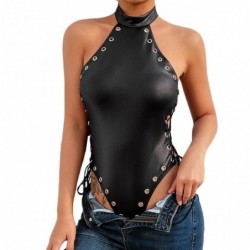 Sexy leather halter top - backless - zig zag lace