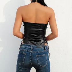 Sexy leren body - top zonder rug - met strikbandjes aan de zijkantBlouses & overhemden