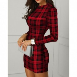 Elegant plaid mini dress - long sleeve - with back zipper - red