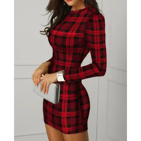 Elegantes kariertes Minikleid - Langarm - mit Rückenreißverschluss - rot