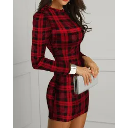 Elegancka sukienka mini w kratę - długi rękaw - z zamkiem z tyłu - czerwonaSukienki