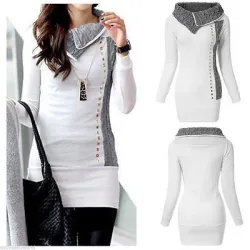 Weißer langer Pullover - hoher Kragen - lange Ärmel - mit Metallverzierungen