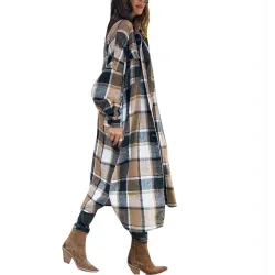 Vintage plaid long jacket - shirts for women - casual wear - autumn fashion 2021