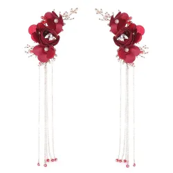 Red rose flower - crystal hair clip - with long tassels