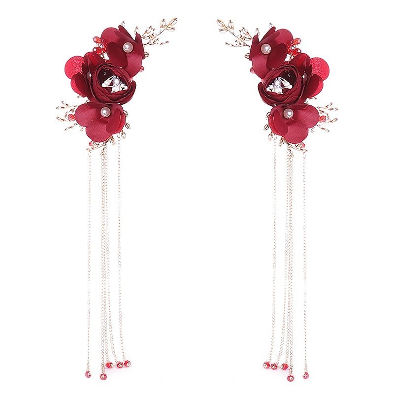 Rote Rosenblüte - Kristall-Haarspange - mit langen Quasten