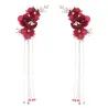 Red rose flower - crystal hair clip - with long tassels