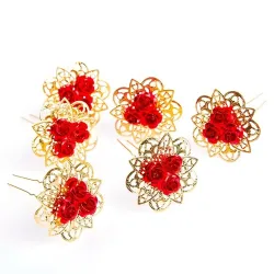 Golden hairpins with red roses - 30 pieces