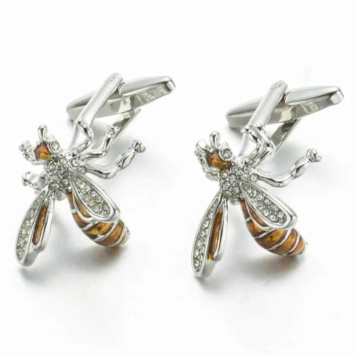 Bee shaped metal cufflinks - with crystals