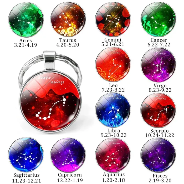 12 zodiac signs - metal / glass keyring