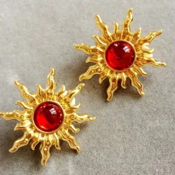 Vintage sun shaped - stud earrings - with red pearl decoration