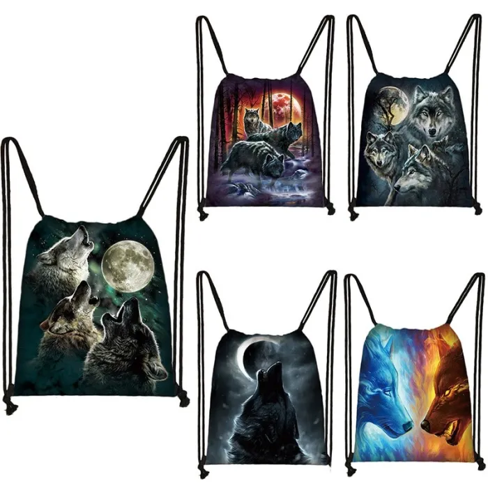 Trendy canvas rugzak - met trekkoorden - unisex - wolf printTassen