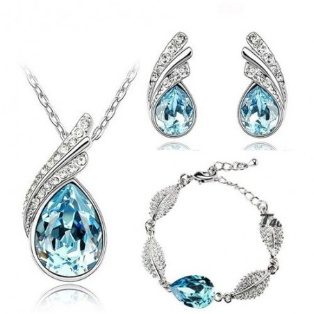 Austrian crystal feather / water drop - necklace / earring / bracelet - jewellery set