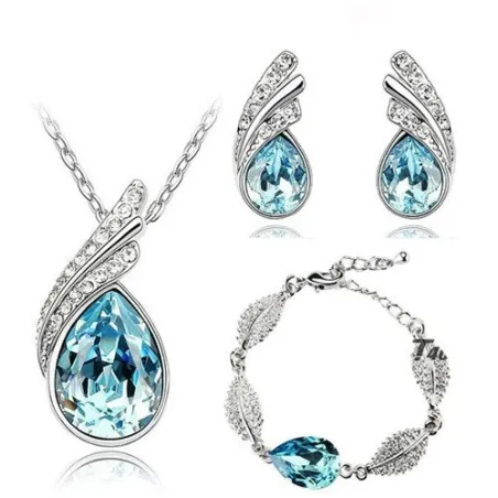 Österreichische Kristallfeder / Wassertropfen - Halskette / Ohrring / Armband - Schmuckset