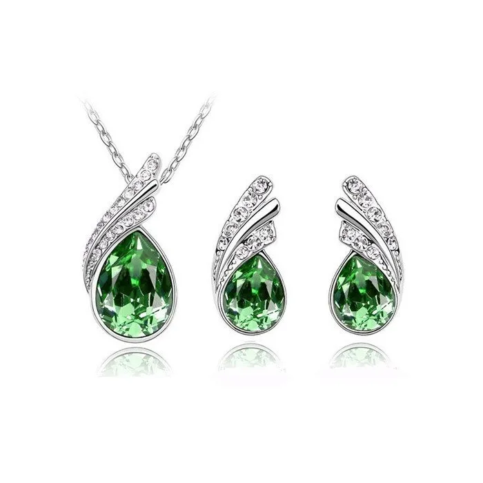 Österreichische Kristallfeder / Wassertropfen - Halskette / Ohrring / Armband - Schmuckset